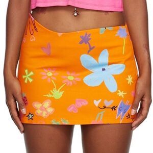Collina Strada Wave Denim Orange Doodle Mini Skirt Size Small & med NWT